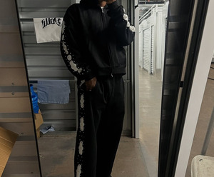 Jogging thermique personnalisé OEM pour hommes, survêtement, sweat à capuche à double fermeture éclair avec strass, pantalon de survêtement évasé, survêtement d'hiver avec logo - Product Image 5