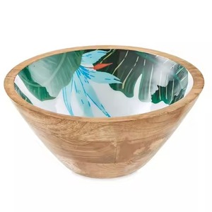 Grand bol rond en bois imprimé émail, pour servir la salade et les fruits, décoration de table, bol de service en bois - Product Image 6