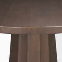 Table de salle à manger de cuisine en bois massif conique, base en bois, forme ronde, bords incurvés, dessus avec des grains naturels, finition brun foncé