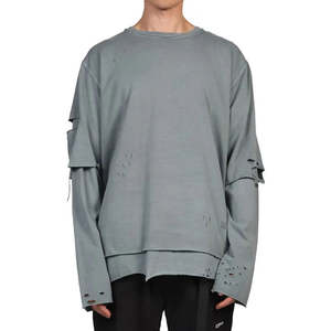 เสื้อยืดแขนยาวผู้ชายทรงหลวมสไตล์วินเทจ ล้างสีแบบแอซิด แต่งรอยขาด ดีไซน์สองชั้น น้ำหนักมาก - Product Image 1