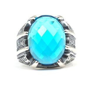 <b>925</b> Sterling <b>Silver</b> Dainty Men's <b>Ring</b> with Faceted Aquamarine Stone Oval Cut Bezel Setting Handcrafted Everyday Wear Jewelry - Product Image 4