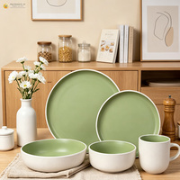 Service de table en grès de luxe écologique, vert mat intérieur, blanc sésame extérieur, finition givrée, 16 pièces, personnalisable OEM, vente en gros
