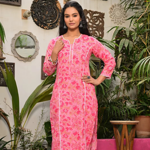 Conjunto de Salwar Kameez de Algodón con Estampado Floral Rosa para Mujer, para Bodas de Verano, Diwalis, Playas, Fiestas, Kurta Largo hasta la Pantorrilla, Pantalones de Secado Rápido - Product Image 1