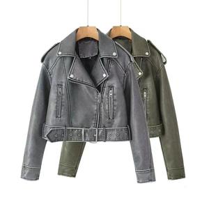 Vintage Loose Pu Faux Leather Short Jacket With Belt Streetwear Female Zipper Moto Biker Coat Outwear Tops - Product Image 4