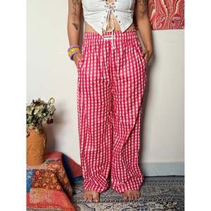 Pantalon à carreaux style années 90 pour femme, coupe ample, taille haute, longueur intégrale, 100% coton, avec tableau des tailles dans la description - Product Image 4