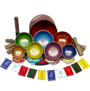 Nuevo cuenco para cantar de latón hecho a mano 7 Chakra juego de cuencos para meditación Himalaya Nepal hecho cuenco tibetano a bajo precio