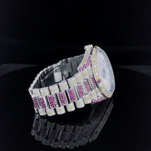 Fully Customised RedYellow Stainless Steel Men's <b>Watch</b> <b>White</b> Diamond Plated ETA Quartz Movement Coin Luxury Business - Product Image 2