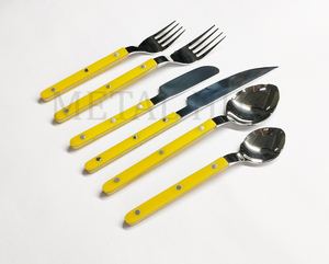 Ensemble de couverts élégants avec poignée jaune, style bistrot, en acier inoxydable, finition miroir argenté, ensemble de 6 ustensiles de table - Product Image 4