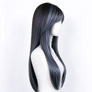 Peluca de Cabello Humano Largo y Liso con Capas, Color Negro con Reflejos Azul Grisáceo, con Flequillo Delgado para Delinear el Rostro - Product Image 3