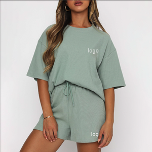 2025 décontracté en coton ample Logo personnalisé 2 pièces plaine t-shirt et ensemble court femmes vêtements - Product Image 1