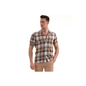 Chemise d'été pour homme à manches courtes, coupe ajustée, en coton tissé respirant, à carreaux bleus, café et jaunes - Product Image 1