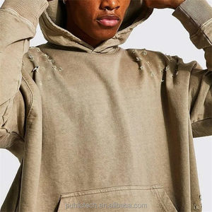 Sweat à capuche déchiré et lavé à l'acide avec logo personnalisé pour hommes, vêtements de ville surdimensionnés et lourds pour l'hiver, style Hip Hop teint en couleur unie - Product Image 2