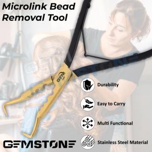 Pince professionnelle pour l'élimination des extensions de cheveux, en acier inoxydable doré, pointe en crochet, outil d'installation de micro-anneaux et de nano-anneaux, GEMSTONE - Product Image 6