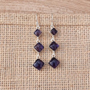 Boucles d'oreilles pendantes de luxe en améthyste multi-pierres, plaqué argent 925, faites à la main, bijoux bohèmes en cristal, cadeau pour elle, violet - Product Image 5