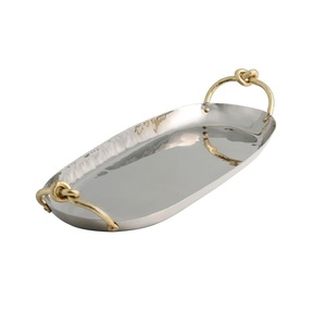 Bandeja de servicio de acero inoxidable de forma ovalada y mango dorado con acabado de espejo perfecto para accesorio de cocina - Product Image 1
