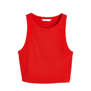 Crop top sans manches en jersey de coton 250 GSM, style streetwear, couleur rouge, pour femmes, best-seller, en vente - Product Image 4