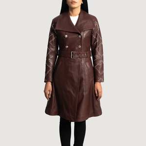 Gabardina Larga de Otoño para Mujer, Color Granate, Doble Botonadura, Forro de Algodón y Piel de Oveja, Impermeable, Cuello de Solapa, Elegante - Product Image 1