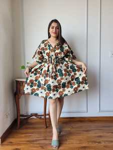 Vestido Kaftan Corto de Algodón Hecho a Medida, Estampado Floral, Corte Holgado, Cintura Natural, Largo Mini para Verano, Cuello en V, Cordón Ajustable para Boutique - Product Image 4