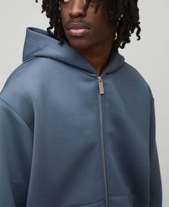 Custom High End Drop Shoulder Hooded <b>Sweatshirt</b> Relaxed Athletic Fit Crossover Factory Wholesale <b>Men</b> Zipper Blue <b>Grey</b> Hoodie - Product Image 2
