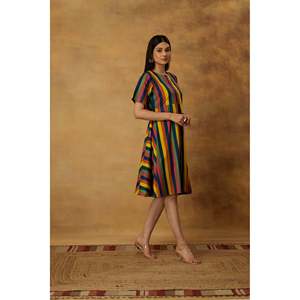 Vestido Ajustado y Evase con Rayas de Arcoíris, Diseño Original, 100% Algodón, Tallas Grandes, Formal, con Volantes, Tirantes Finos, XS-6XL, Ideal para el Trabajo - Product Image 3