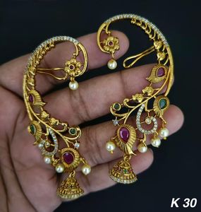 Designer Traditional Temple Elegant Ear <b>Cuff</b> <b>Earrings</b> with Jhumka & Pearl Drops | Gold Plated CZ Stone Indian Jewelry for Women - Product Image 2
