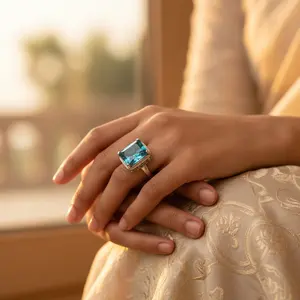 แหวนเงินแท้ 925 ประดับพลอยสีน้ำเงิน ปรับขนาดได้ สำหรับผู้หญิง ชุบทอง 18K เครื่องประดับค็อกเทล ดีไซน์ฝังประดับทันสมัย - Product Image 3