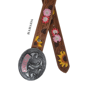 New Arrival Genuine Leather Western Hand <b>Tooled</b> and Hand Painted Sunflower <b>Belts</b> Real Handmade <b>Tooled</b> Leather Women Waist <b>Belts</b> - Product Image 4