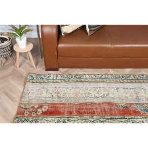 Vintage <b>Runner</b> Rug 2.2x7.5 ft (67x228 cm), Turkish <b>Red</b> Moroccan Wool Rug - Product Image 4