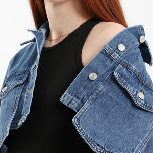 Women's <b>Long</b> Sleeve Cropped <b>Denim</b> <b>Jacket</b> Button Front Jean Coat Trendy Layered Look Casual Streetwear Solid Pattern Logo - Product Image 4