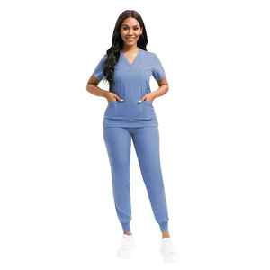 Heather Nursing Slim 2 piezas Basic Pro Zipper Nurse Scrub Sets Uniforme médico para mujeres y hombres Tela vaquera Material de LICRA - Product Image 1