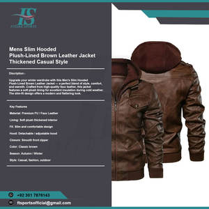 Veste de moto en cuir marron coupe cintrée pour homme-Streetwear d'hiver épais et imperméable respirant à séchage rapide avec manches lanterne - Product Image 4