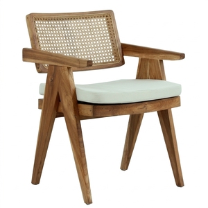 Natural Teak Wood Woven Rattan <b>Armchair</b> V Leg Chandigarh Style Cushioned Accent <b>Dining</b> Chair Outdoor Patio Setup Art Decor - Product Image 1