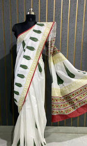 Sari de Algodón Chanderi con Estampado a Mano, Color Blanco con Hojas Verdes y Borde Rojo-Dorado, al Mejor Precio al por Mayor - Product Image 2
