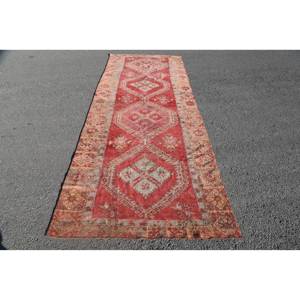 Alfombra turca Vintage de lana roja clásica de 4,6x12,1 pies, retales abstractos rectangulares grandes para uso en dormitorio de pasillo de látex - Product Image 1