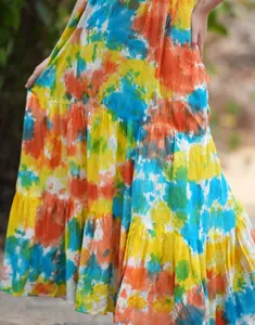 Fait à la main indien Tie Dye femmes longue rayonne été automne Vintage multicolore dos nu licou cou luxe léger 1 - Product Image 5