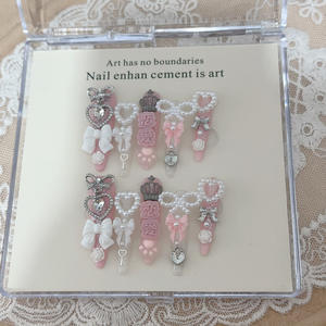 <span class=keywords><strong>Uñas</strong></span> Postizas de Lujo, Estilo Ataúd, Color Blanco y Rosa, con Adornos de Perlas y Corazones, Hechas a Mano - Product Image 3