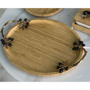 Plateau de service rond en bois de manguier fait à la main avec poignées en feuille d'or Plateau en bois rond élégant en gros Table basse et plateau de service - Product Image 2