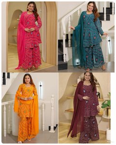 Inspired by Mughal <b>charm</b>, this anarkali-style festive kurti /Faux Georgette Print With back pattern Inner top and sharara - Product Image 6