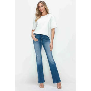 Jeans de Mezclilla Transpirables para Mujer, Corte Bootcut, Talle Alto, Estilo Desgastado, con Bolsillos, de Ajuste Ajustado a Holgado, Marca Bytos - Product Image 1