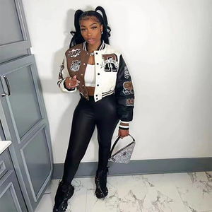 Women's Reversible <b>Quilted</b> Motorcycle Racer <b>Jacket</b> Letter <b>Pattern</b> Button Closure Breathable Eco-Friendly Plus Size S-3XL Autumn - Product Image 5