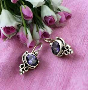 Boucles d'oreilles pendantes en améthyste, argent sterling fait à la main, pierre de naissance de février, bijoux élégants, cadeau pour femmes, design bohème - Product Image 4