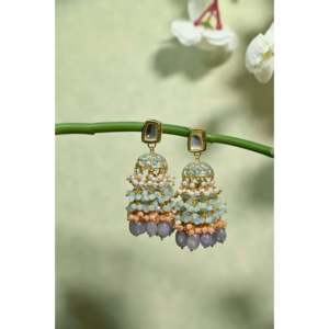 Kundan Jadau turquesa melocotón con cuentas Jhumki moda pendientes - Product Image 1