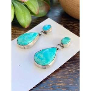 Navajo Handmade Royston Turquoise & Sterling Silver Drop <b>Earrings</b> <b>Post</b> Dangle Water Drop Design - Product Image 4