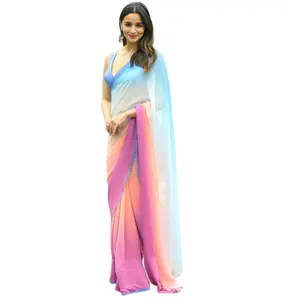 印度趋势美丽设计师纱丽人造乔其纱数码印花作品纱丽为女性派对和婚纱批发