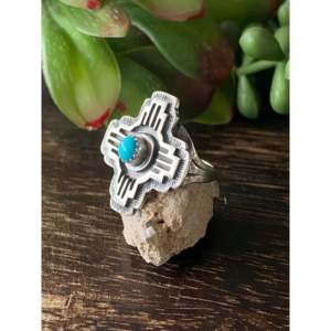 Navajo Made Kingman <b>Turquoise</b> Sterling Silver Zia <b>Ring</b> Bezel Set Inlay Rose <b>Gold</b> & <b>Gold</b> Plated Brass Gift Ready - Product Image 4