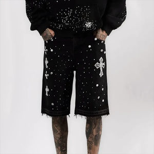 Custom Vintage Wash All Over Print Rhinestone Denim <b>Shorts</b> For <b>Men</b> Custom Streetwear Fashionable Stylish Rhinestone Jeans <b>Shorts</b> - Product Image 2