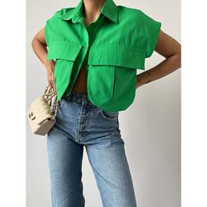 Camisa Blusa de Manga Larga con Botones y Detalle de Bolsillo Verde, Informal, para Mujer, de Mezcla de Algodón, para Uso Diario, Marca Mybeefashion - Product Image 3