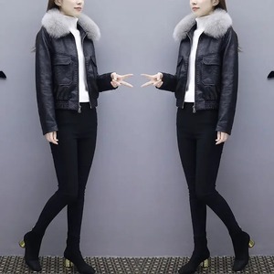 Jacket Women Autumn PU Leather Short Jacket Big Fur Collar Thick Black White Winter Coat Locomotive Clothing - Product Image 3