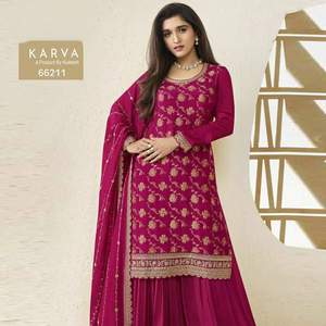 Blooming Chinon Gharara Salwar Kameez Set Jari Dori Secuencia Bordado Crepe Seda Interior Cosido Palazzo Ropa de estilo indio - Product Image 1