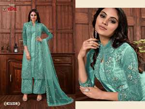 Vêtements indiens et pakistanais pour adultes Filet élégant Plazzo avec veste Designs New Designer Suits - Product Image 6